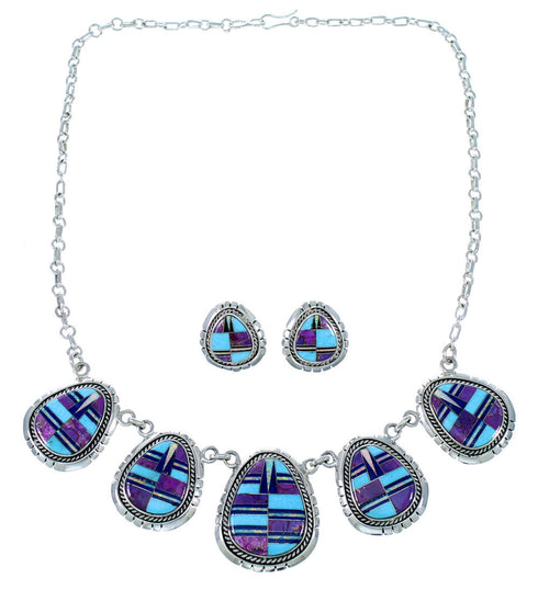 Southwestern Sterling Silver Multicolor Link Necklace Earrings PX36817